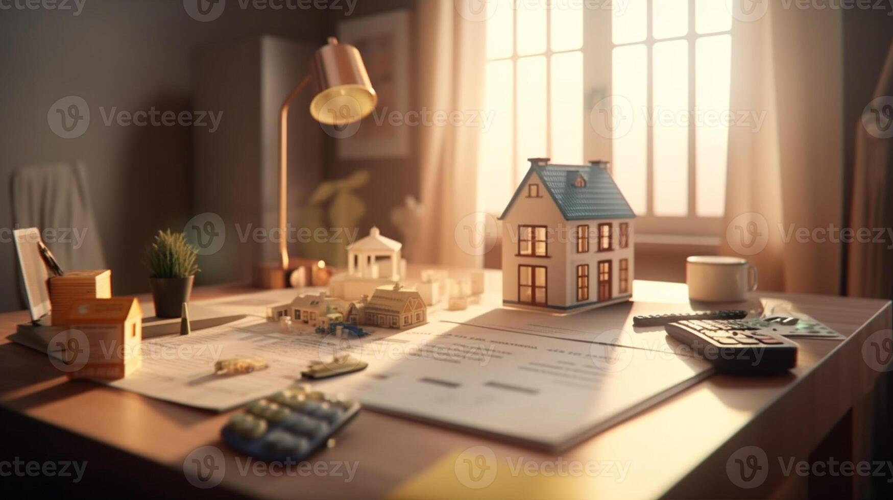 a small house and documents on table , real estate housing concept photo