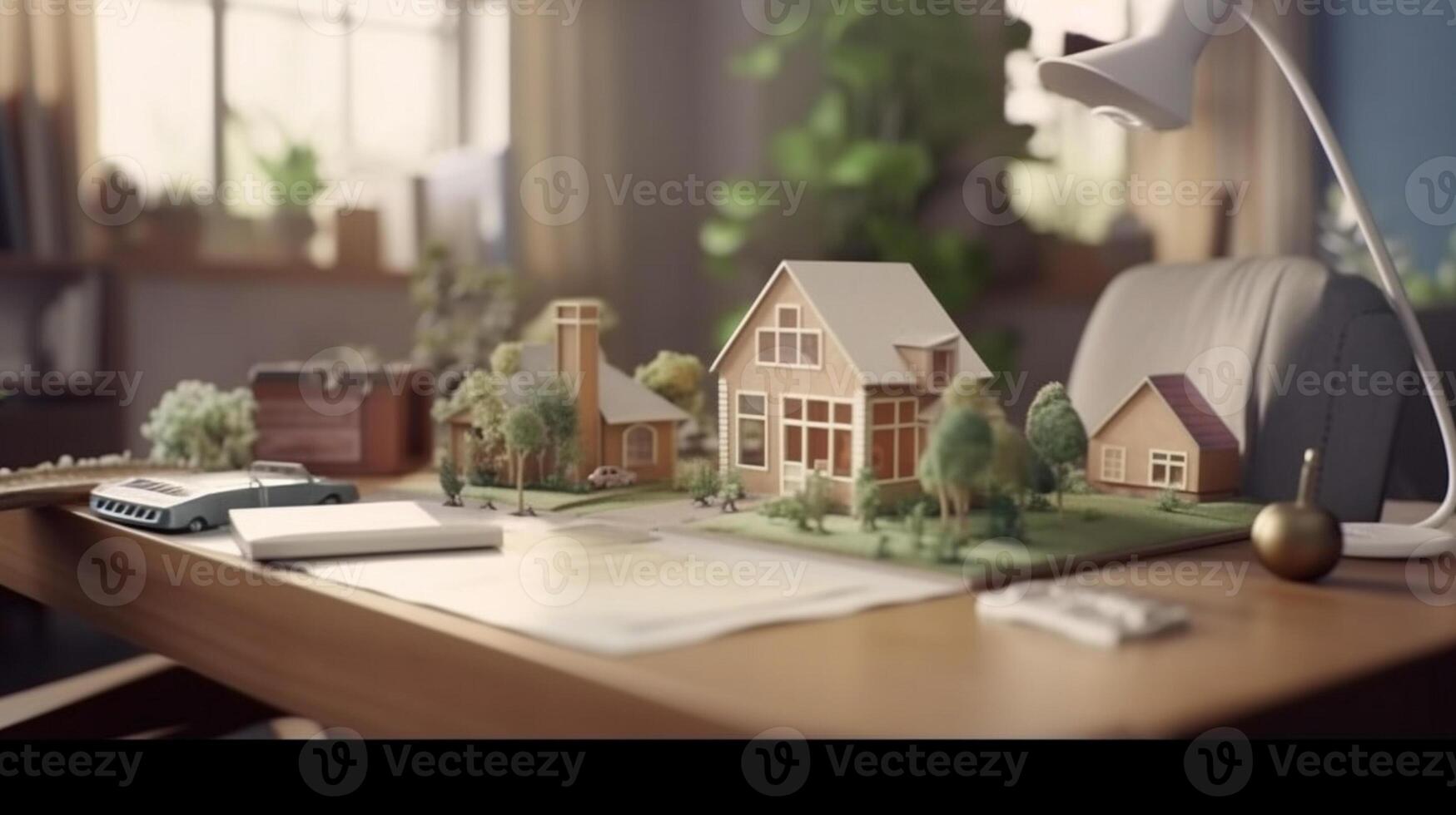 a small house and documents on table , real estate housing concept photo