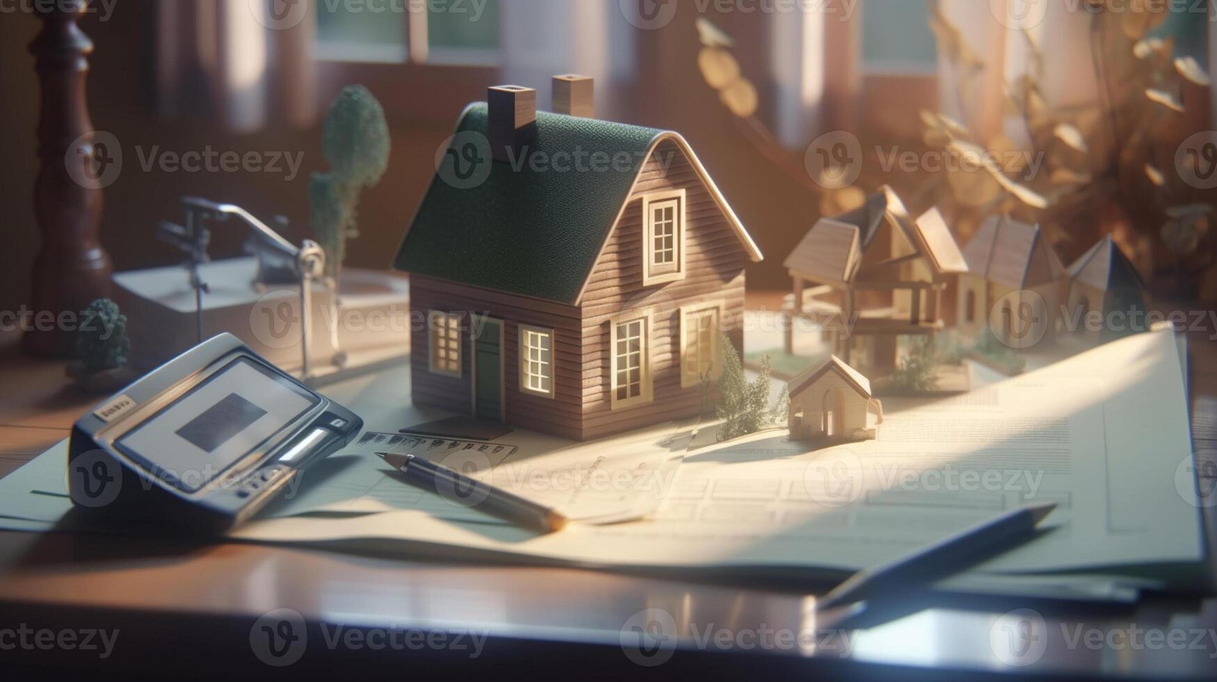 a small house and documents on table , real estate housing concept photo