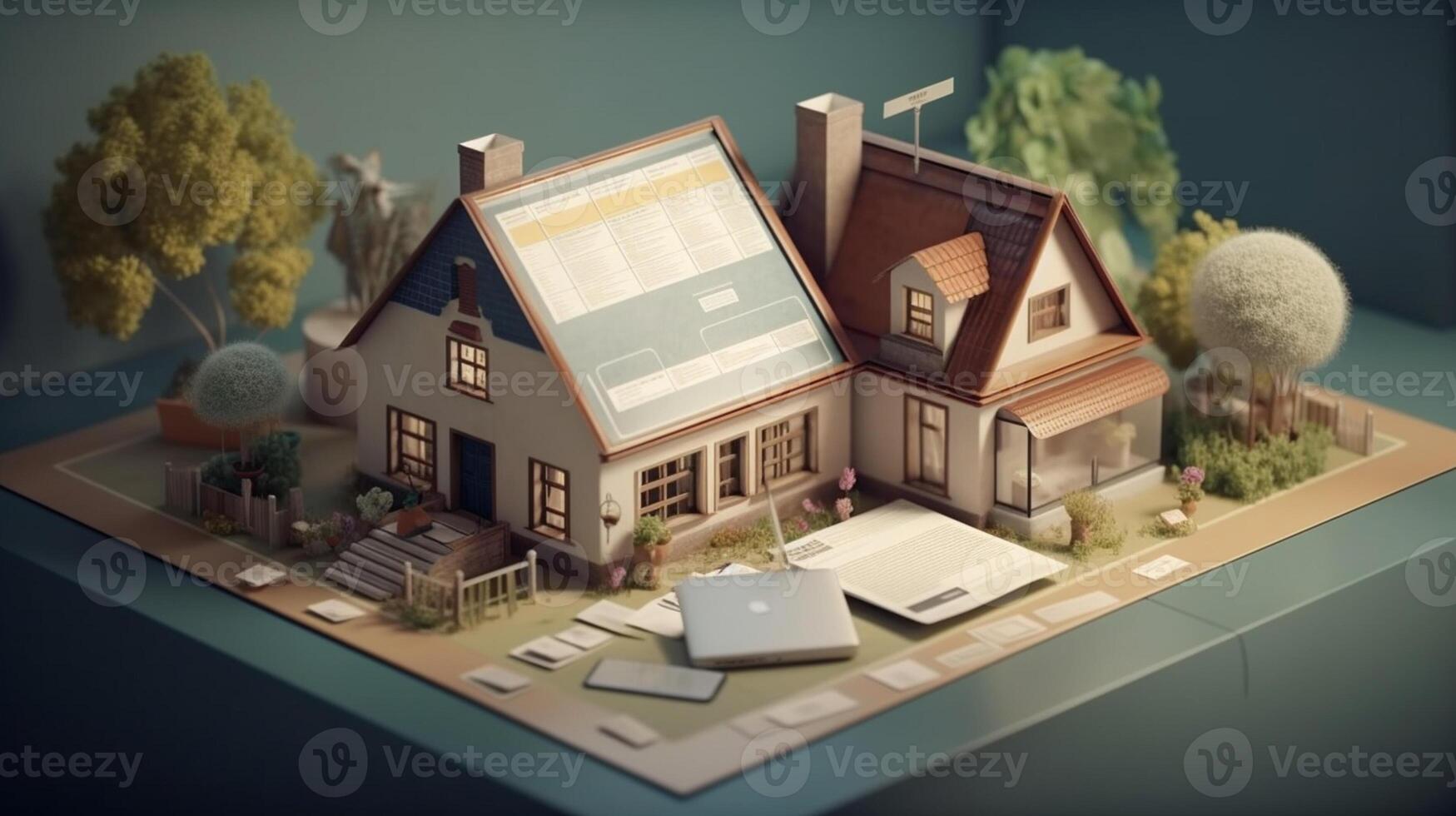 a small house and documents on table , real estate housing concept photo