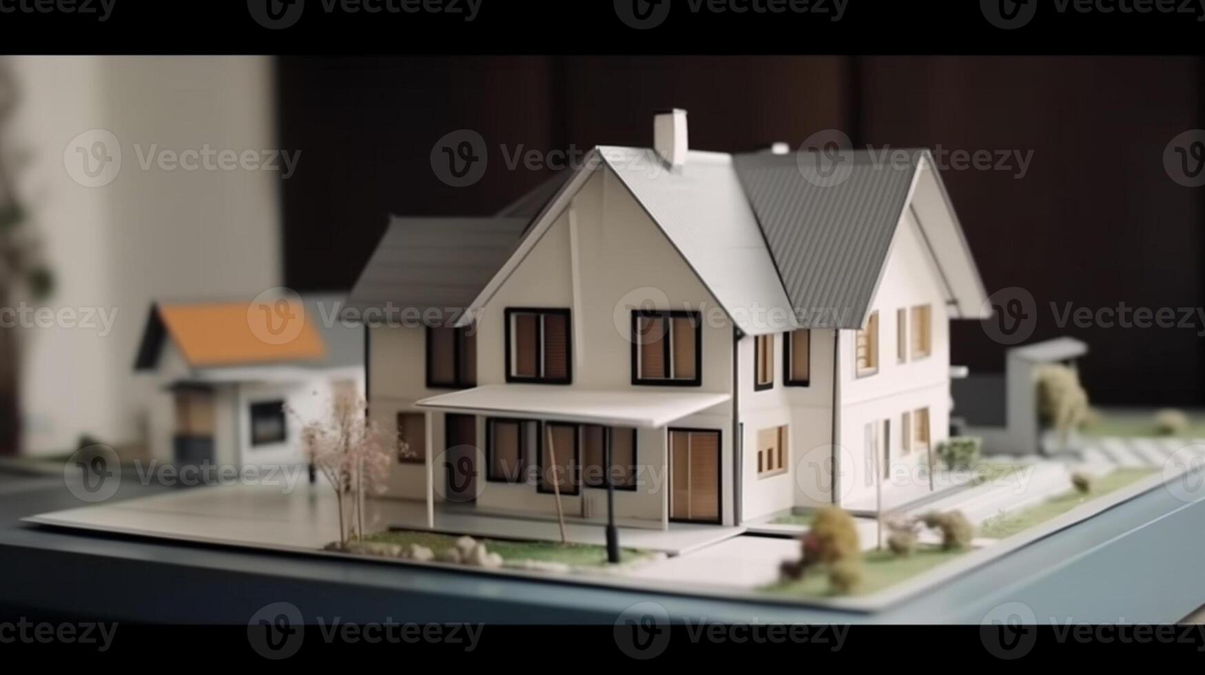 a small house and documents on table , real estate housing concept photo