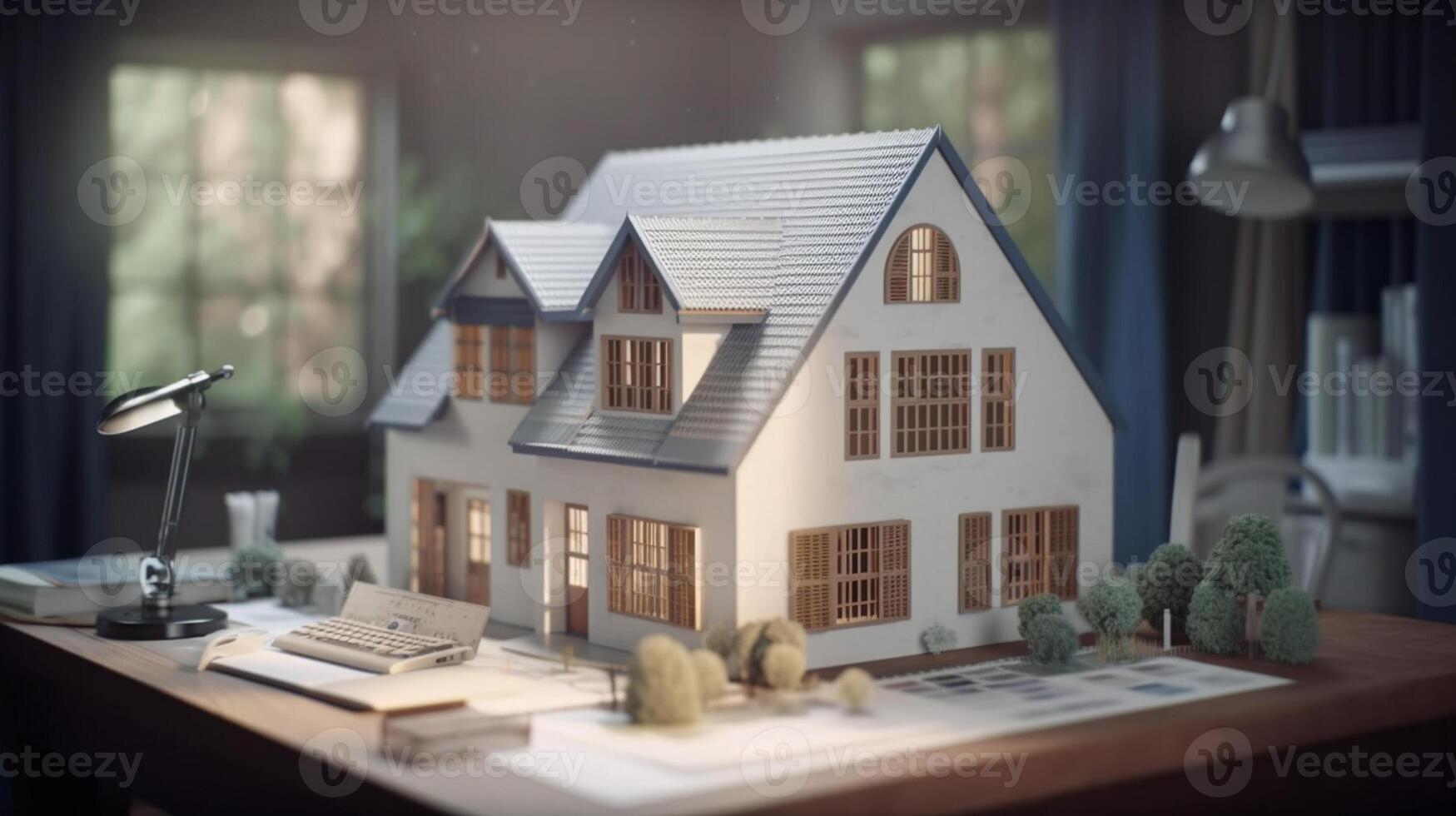 a small house and documents on table , real estate housing concept photo