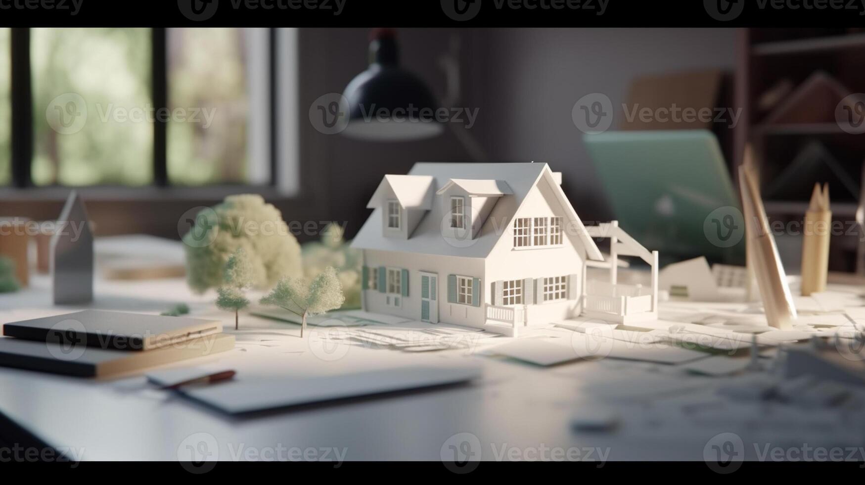 a small house and documents on table , real estate housing concept photo