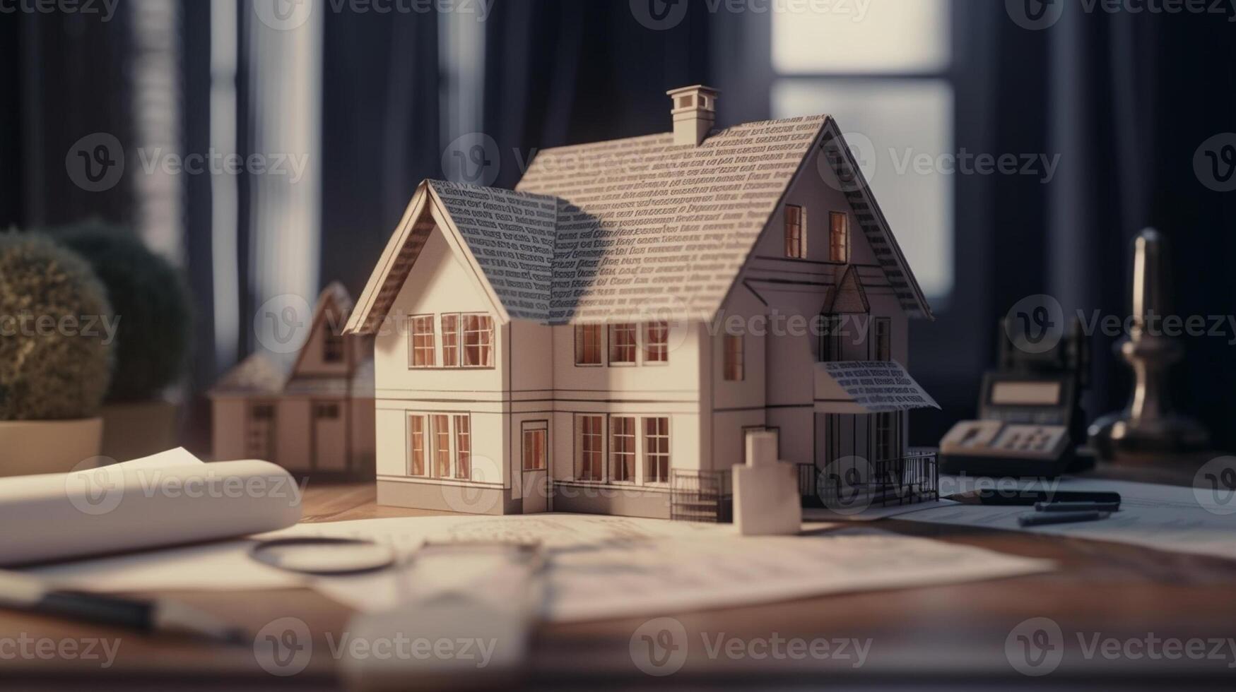 a small house and documents on table , real estate housing concept photo