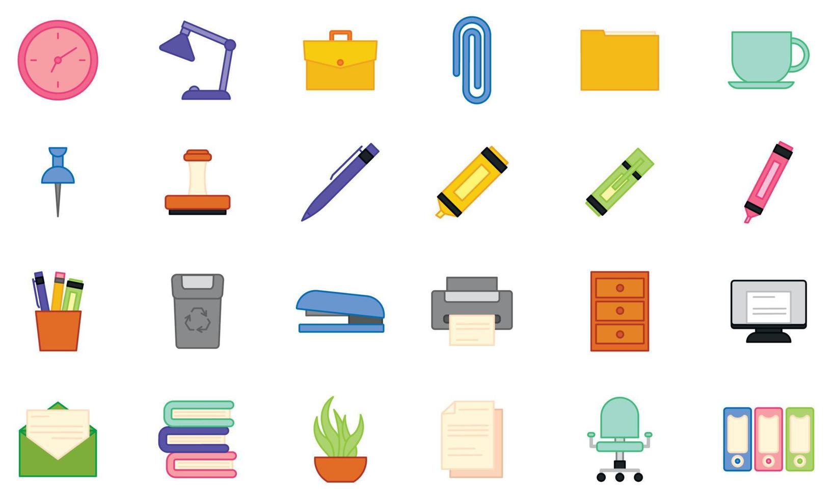 Set of different colored office supplies icons Vector illustration