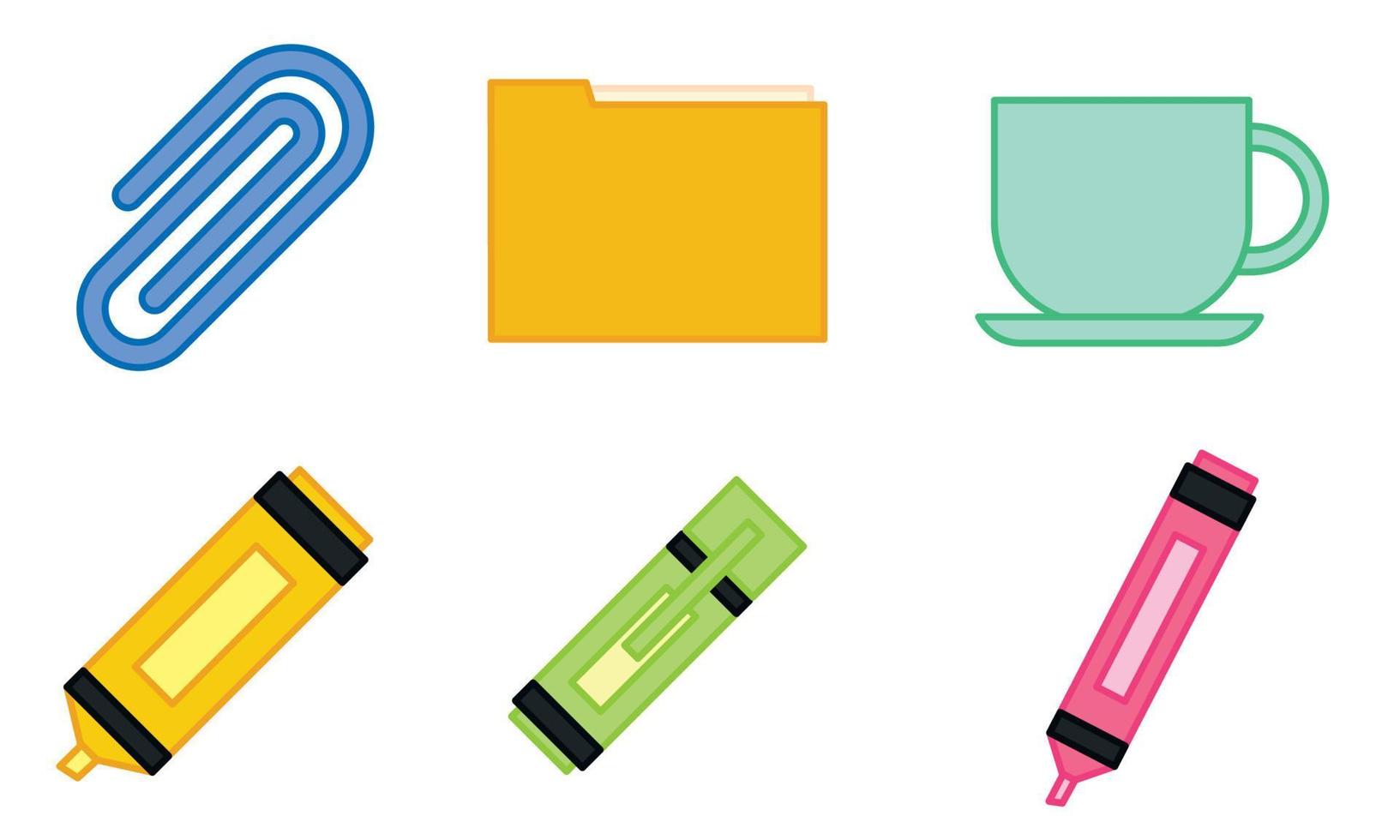 Set of different colored office supplies icons Vector illustration