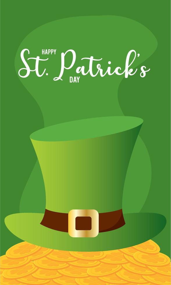 Elvish traditional hat on golden coins Saint patrick day poster Vector illustration