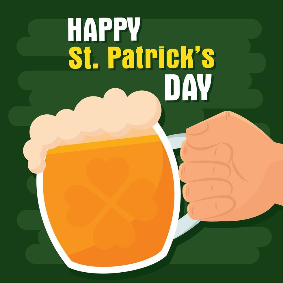Hand holding a mug with beer Saint patrick day poster Vector illustration