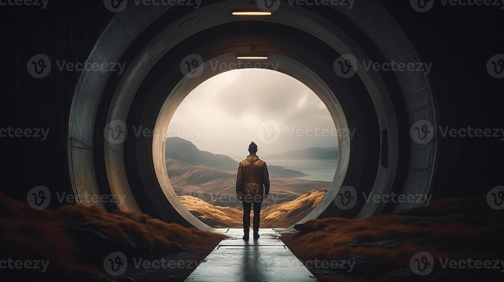 a Man in futuristic tunnel. Futuristic interior. 3D rendering. photo