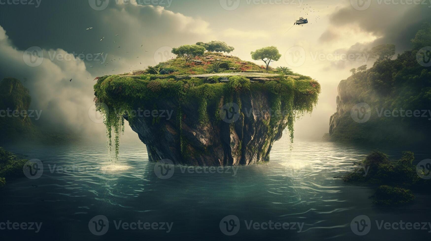 Fantasy landscape with a waterfall in the ocean. 3d rendering photo