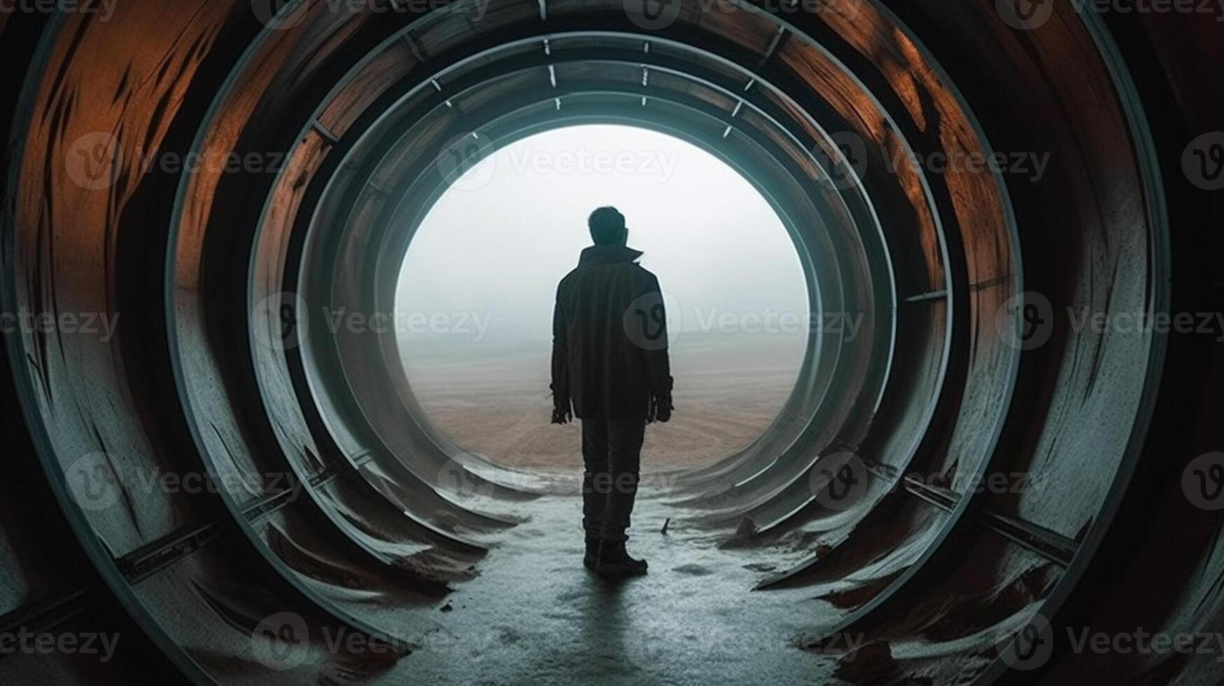 a Man in futuristic tunnel. Futuristic interior. 3D rendering. photo