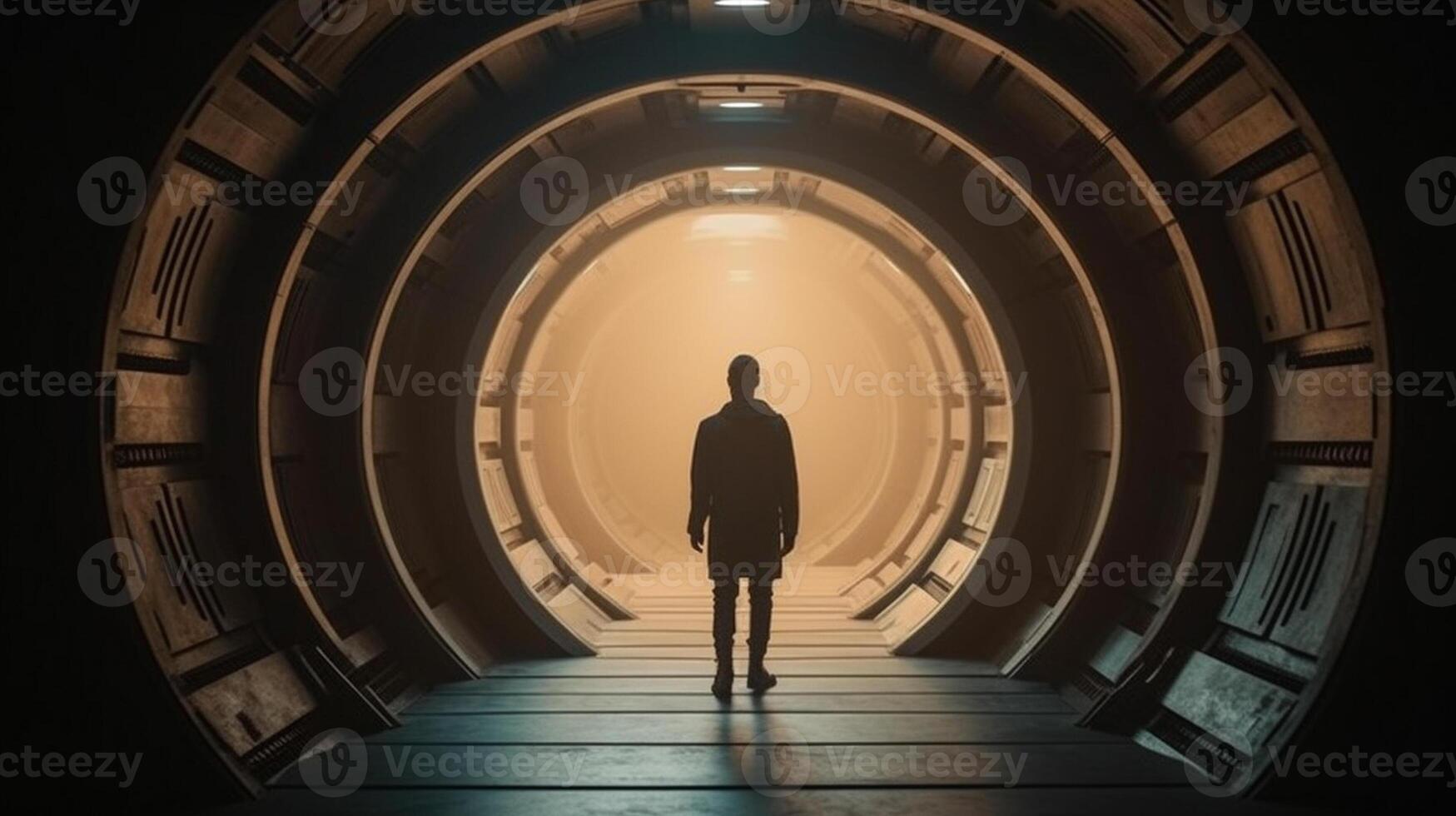 a Man in futuristic tunnel. Futuristic interior. 3D rendering. photo