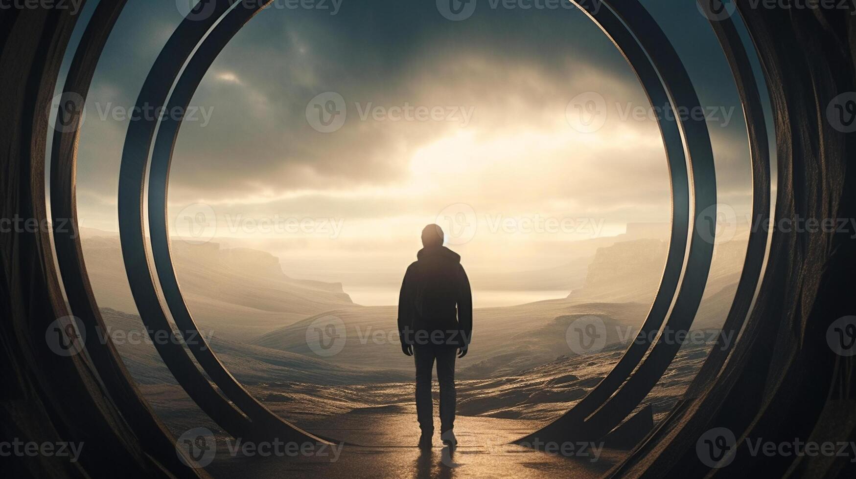 a Man in futuristic tunnel. Futuristic interior. 3D rendering. photo