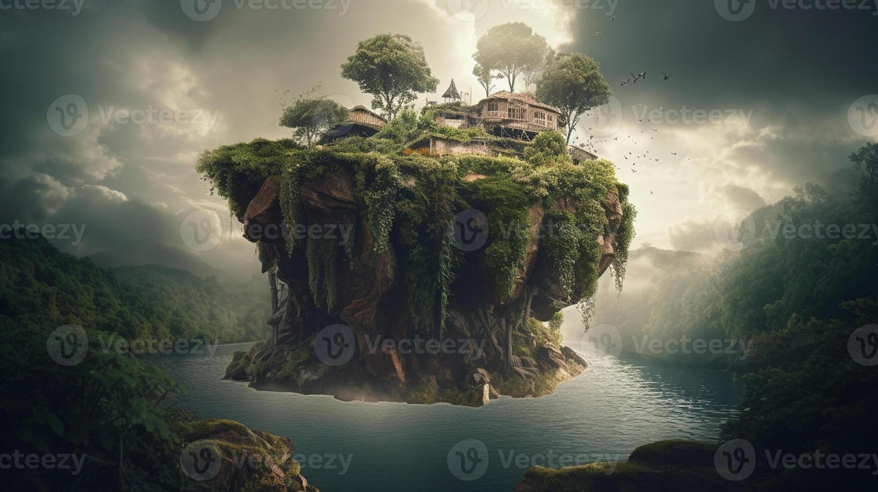 Fantasy landscape with a waterfall in the ocean. 3d rendering photo