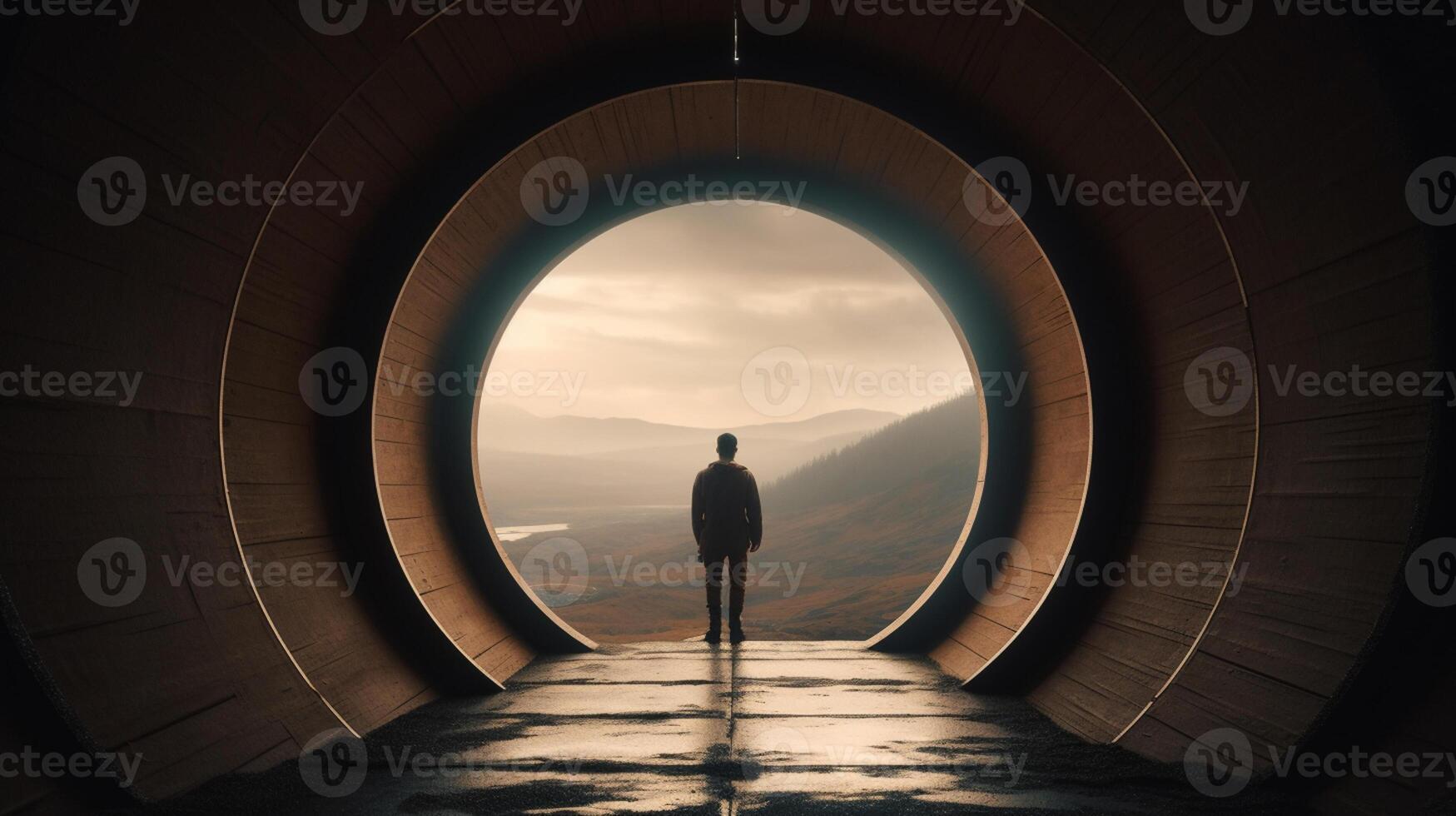 a Man in futuristic tunnel. Futuristic interior. 3D rendering. photo