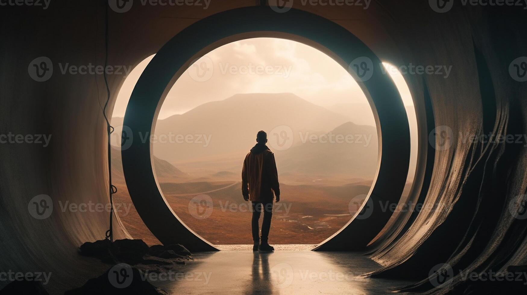 a Man in futuristic tunnel. Futuristic interior. 3D rendering. photo