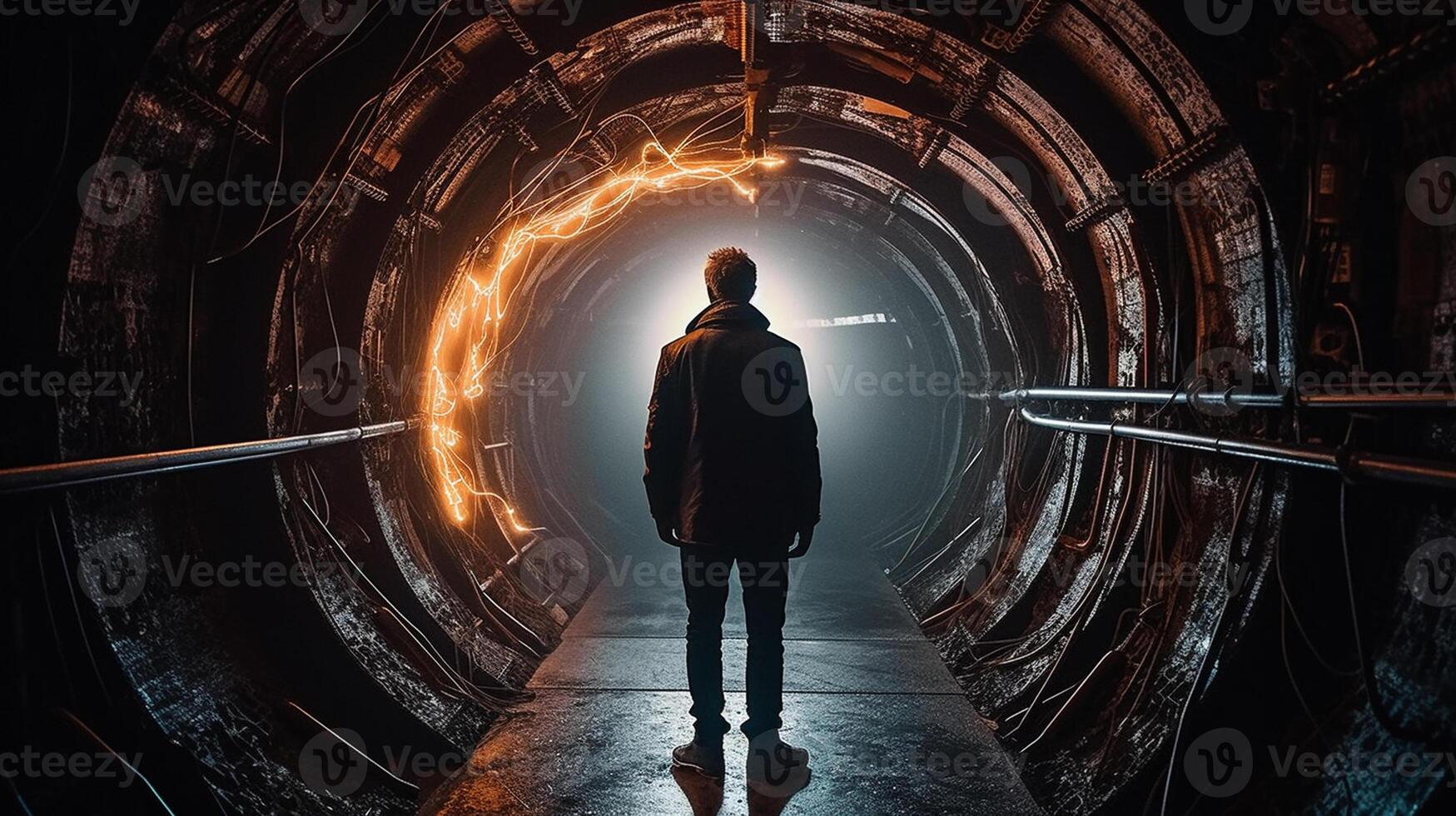 a Man in futuristic tunnel. Futuristic interior. 3D rendering. photo