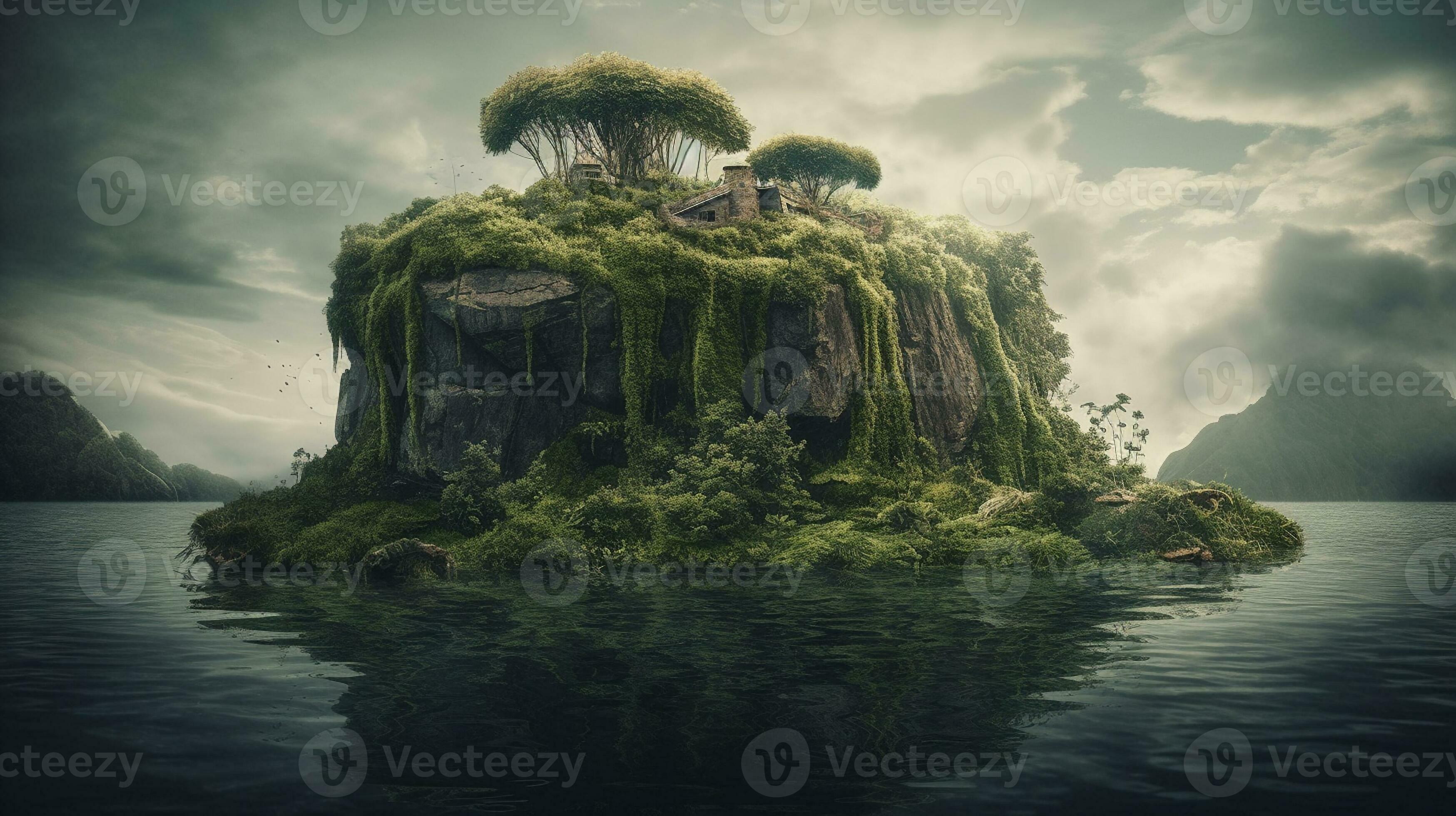 Fantasy island with waterfalls. 3d illustration. Elements of this image  furnished by NASA generative ai 22653879 Stock Photo at Vecteezy