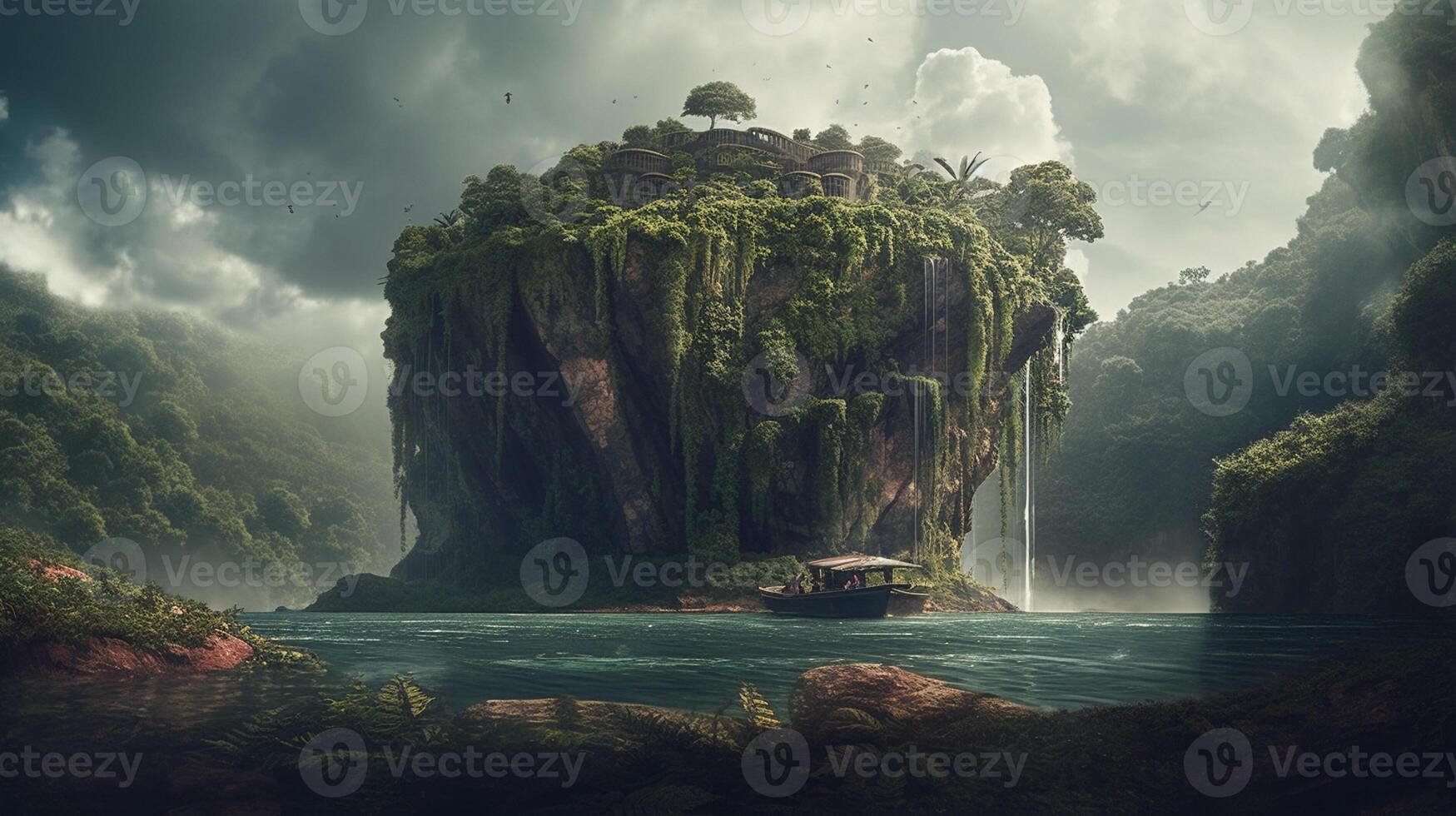 Fantasy landscape with a waterfall in the ocean. 3d rendering photo