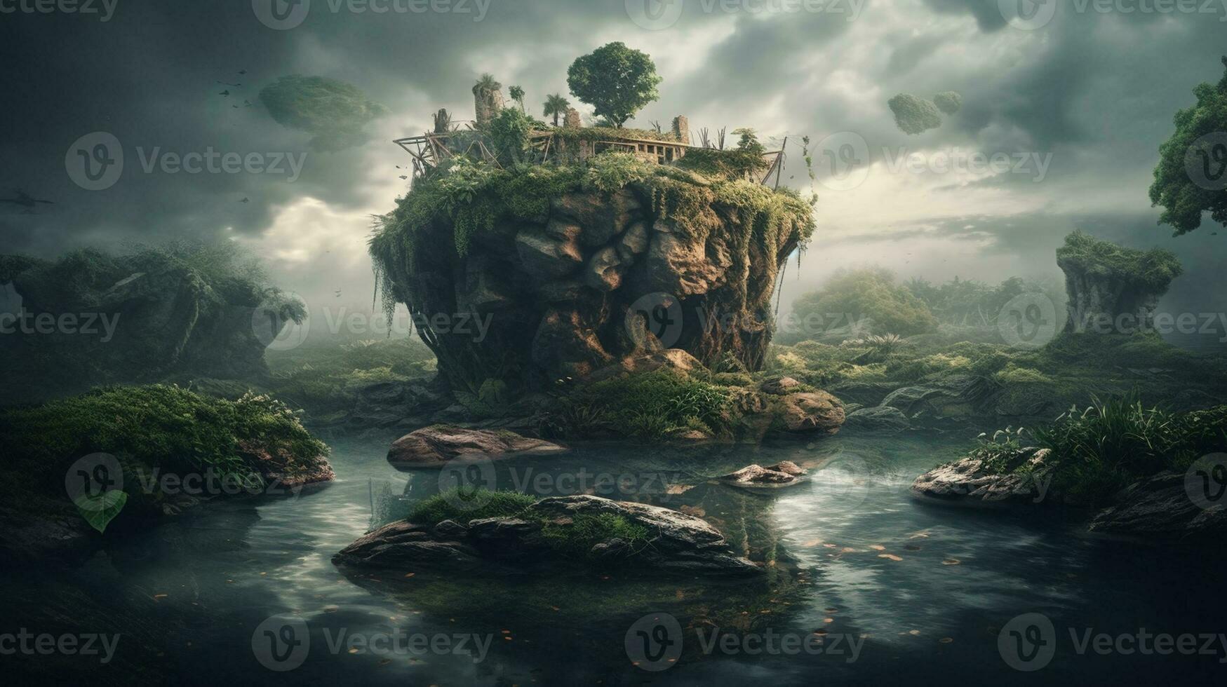 Fantasy island with waterfalls. 3d illustration. Elements of this image  furnished by NASA generative ai 22653879 Stock Photo at Vecteezy