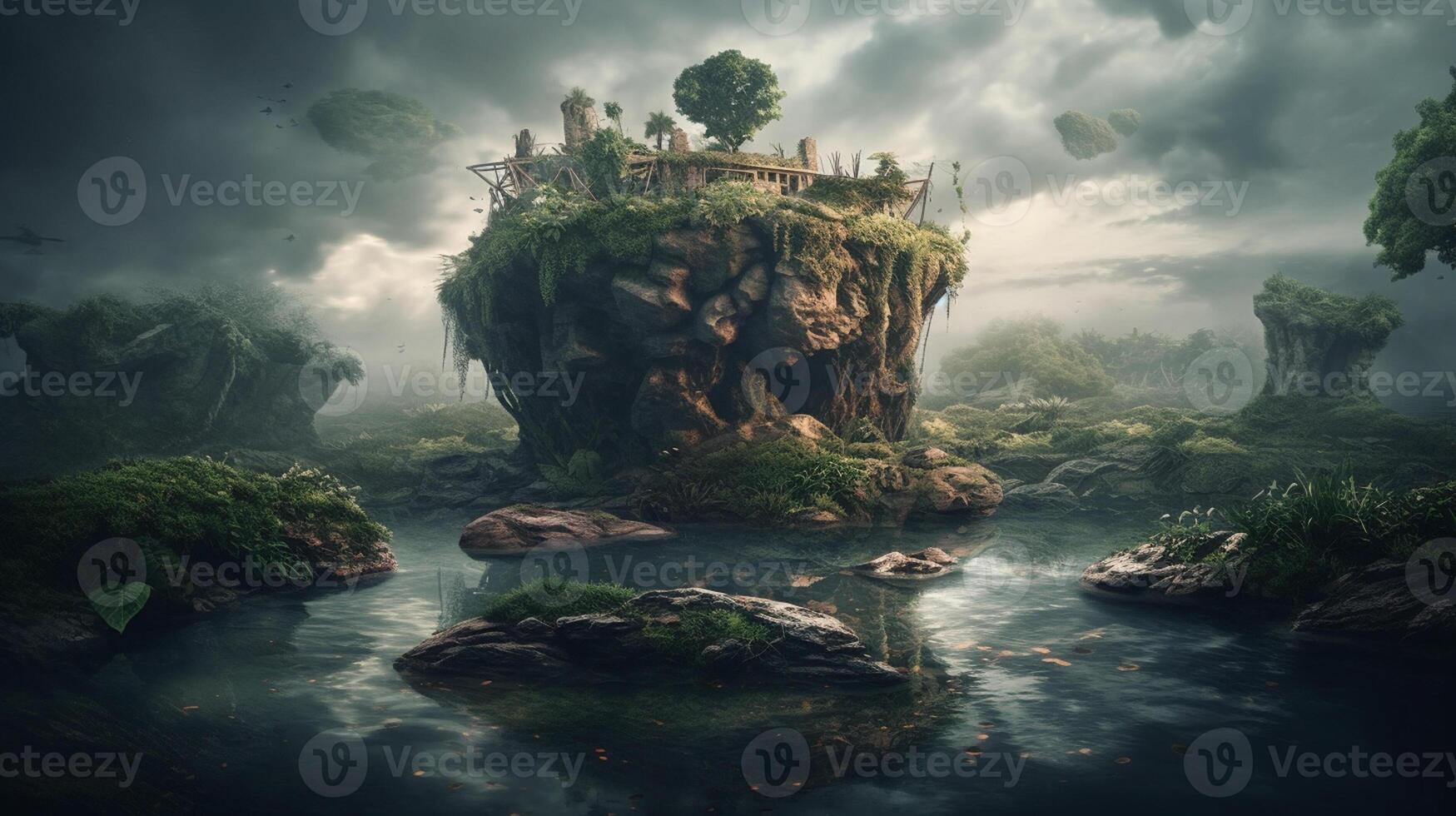 Fantasy landscape with a waterfall in the ocean. 3d rendering photo
