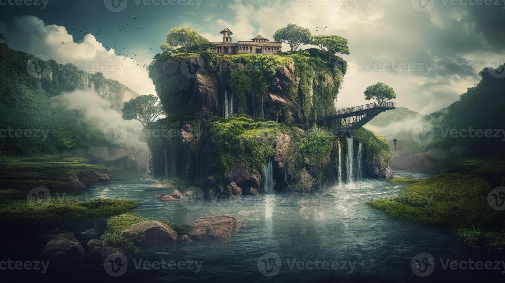 ai generativo fantasía paisaje con un cascada en el océano. 3d representación foto