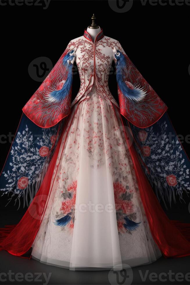 This stunning Chinese Hanfu cape wedding dress. . photo