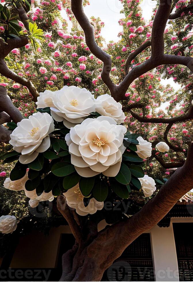 A camellia tree in full bloom. photo