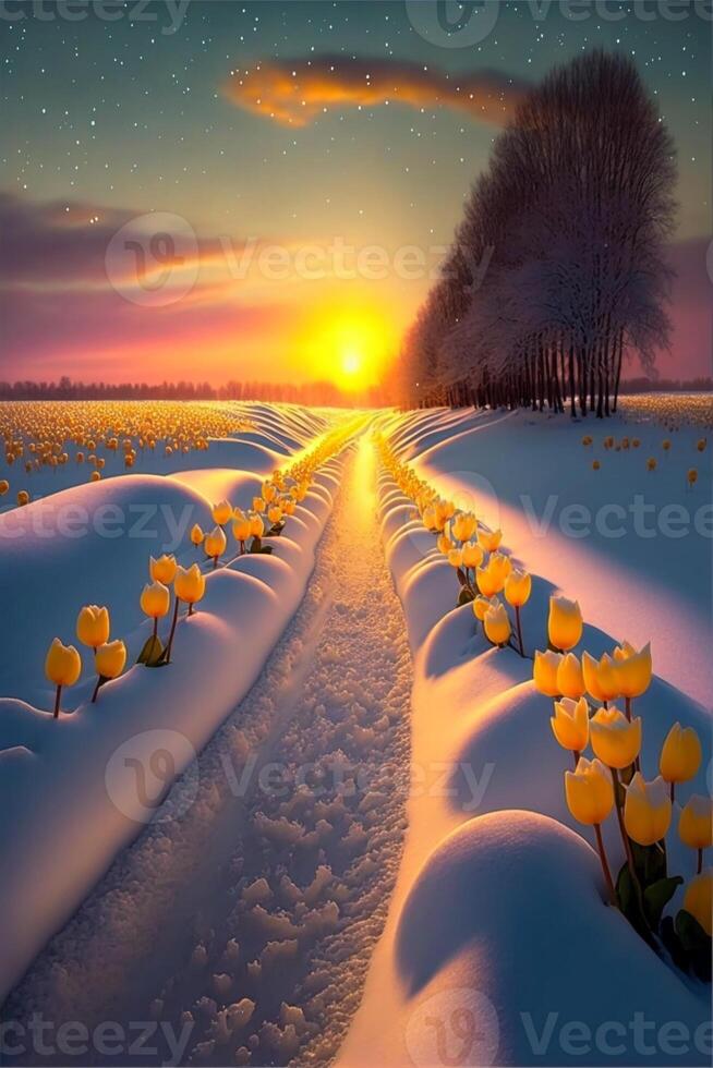 snow covered field filled with lots of yellow flowers. . photo