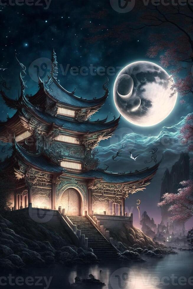 painting of a pagoda with a full moon in the background. . photo