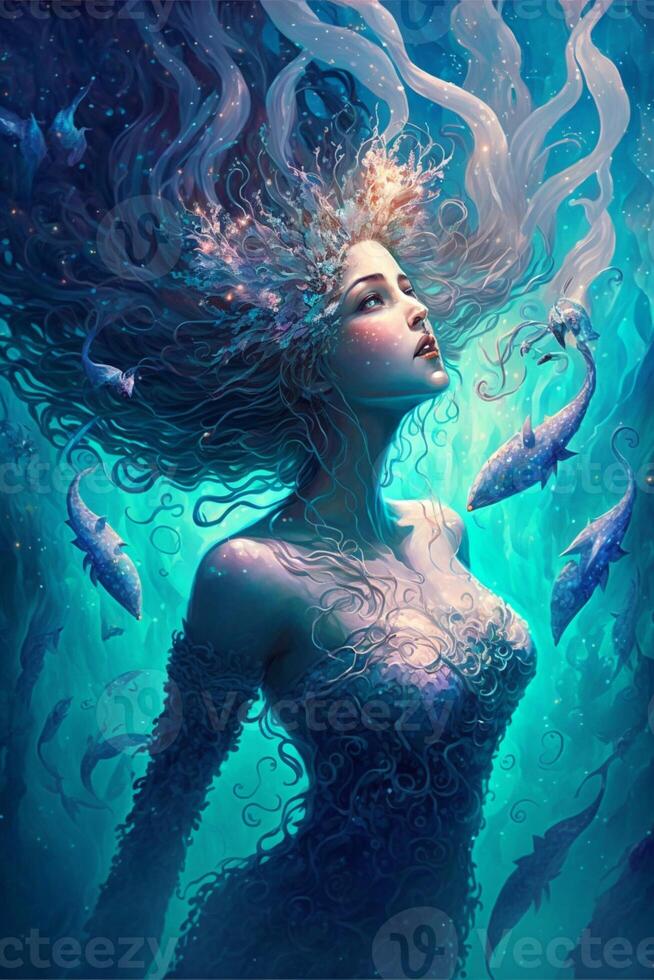 painting of a woman surrounded by fish. . photo