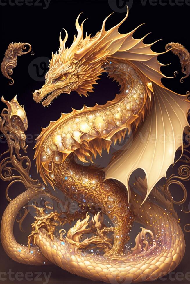 golden dragon on a black background. . photo