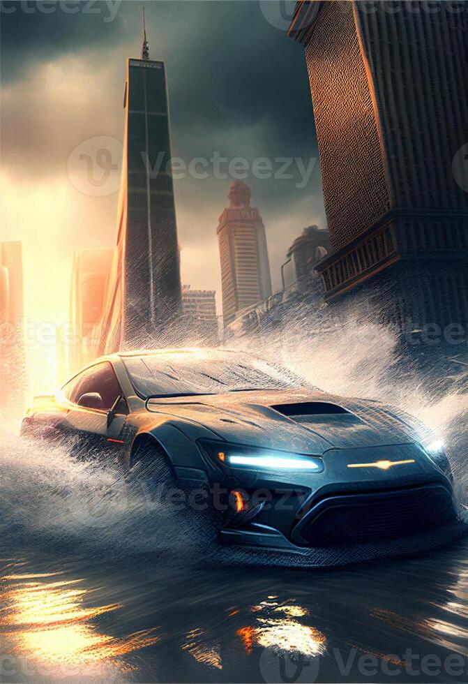 futuristic car driving through a flooded city. photo