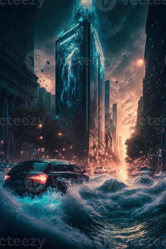 car driving through a flooded city at night. . photo