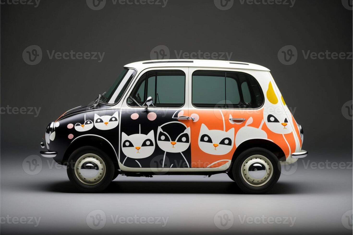 black and white van with cats painted on it. . photo