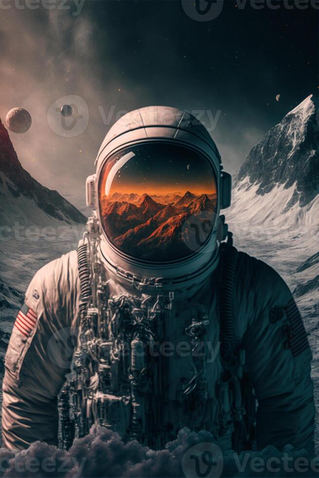 man in a space suit standing in front of a mountain. . photo