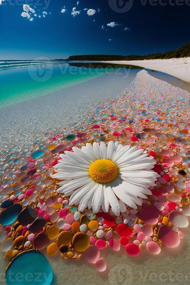 white flower sitting on top of a sandy beach. . photo