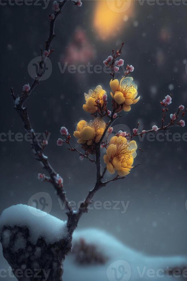 yellow flower sitting on top of a snow covered tree. . photo