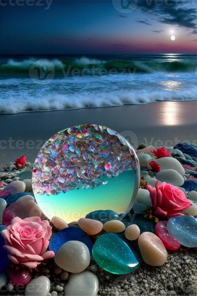 crystal ball sitting on top of a beach next to the ocean. . photo