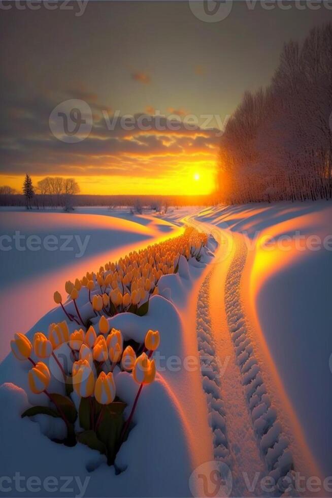 campo de tulipanes en el nieve a puesta de sol. generativo ai. foto