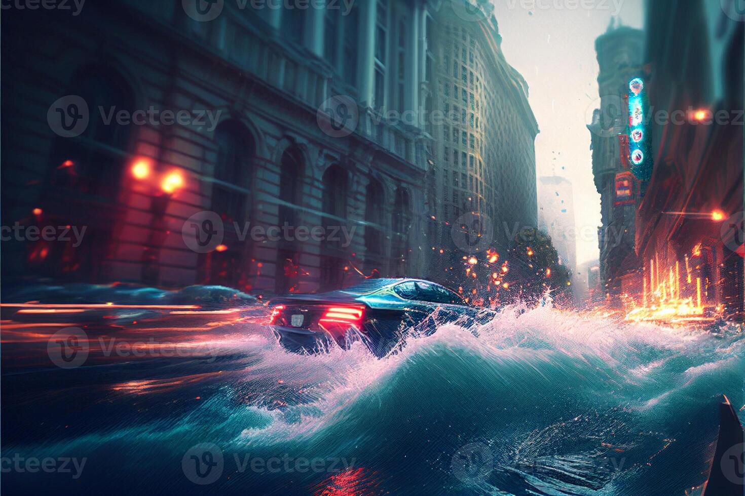 car is driving through the water on a city street. . photo