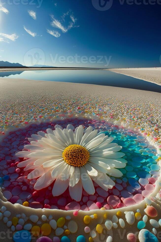 cake sitting on top of a beach covered in confetti. . photo