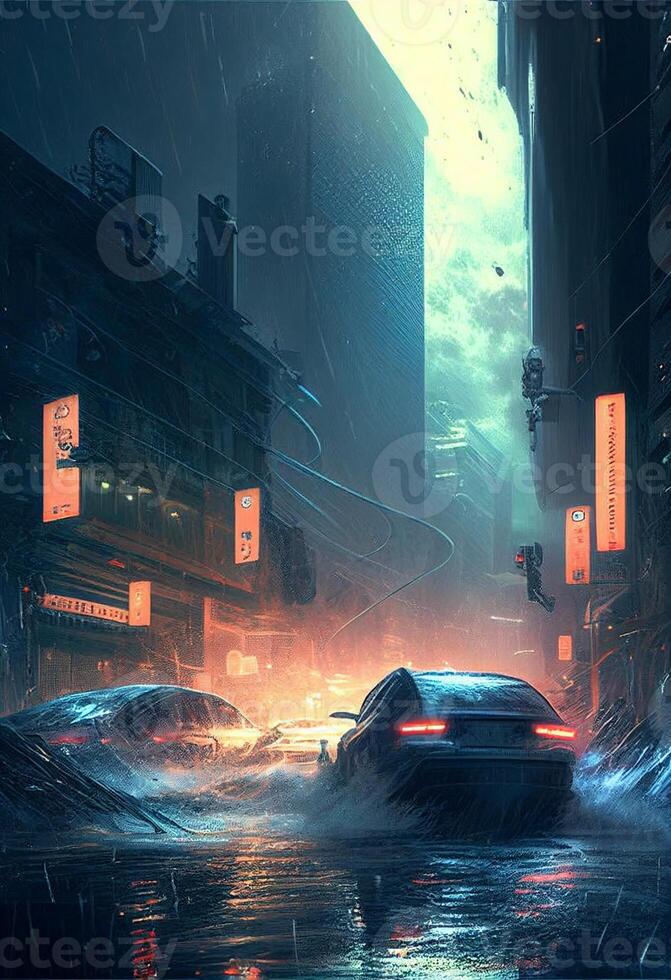 car driving down a city street in the rain. . photo