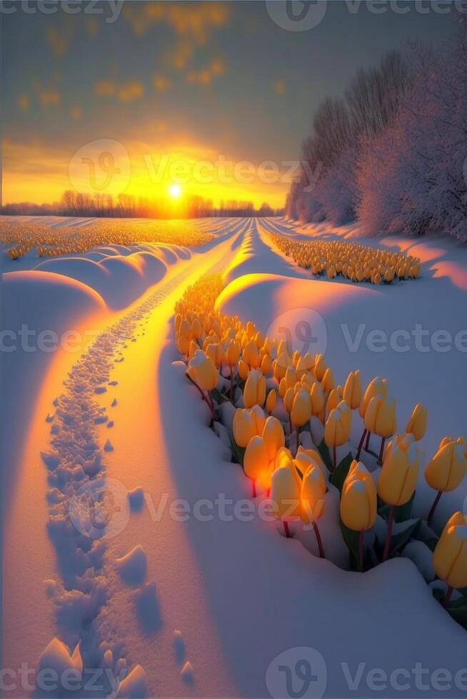 campo de tulipanes en el nieve a puesta de sol. generativo ai. foto