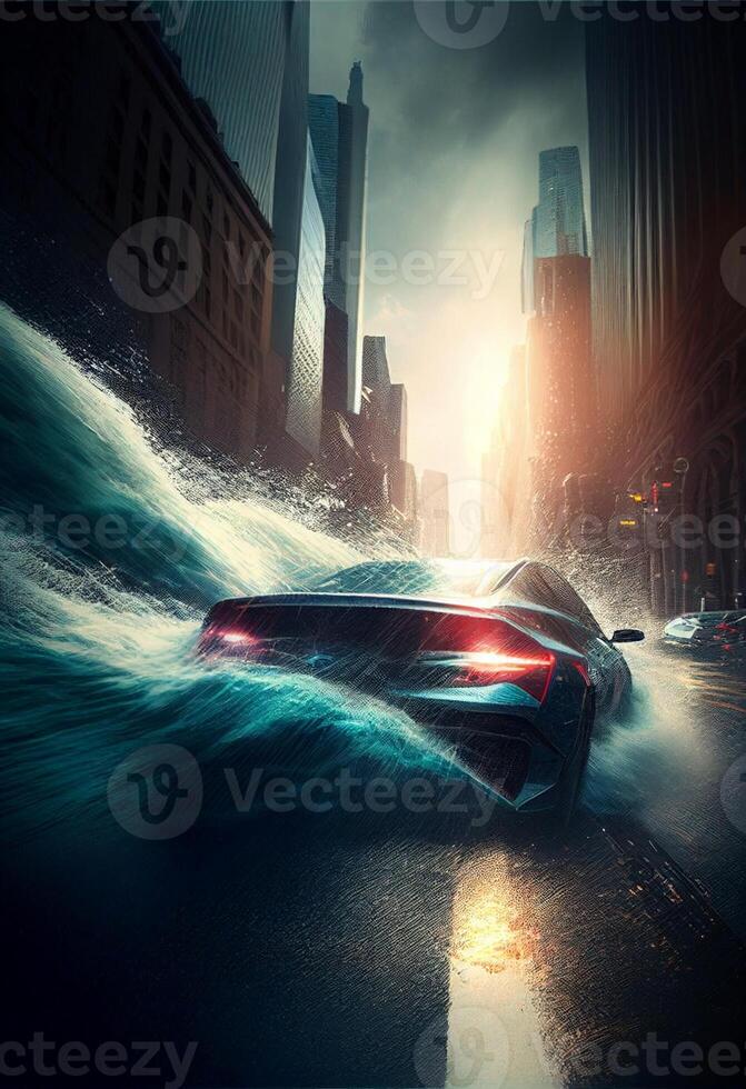 car driving through a flooded city at night. . photo