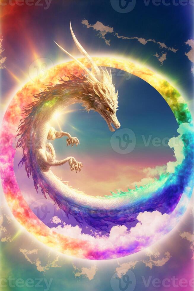 white dragon sitting on top of a rainbow colored circle. . photo