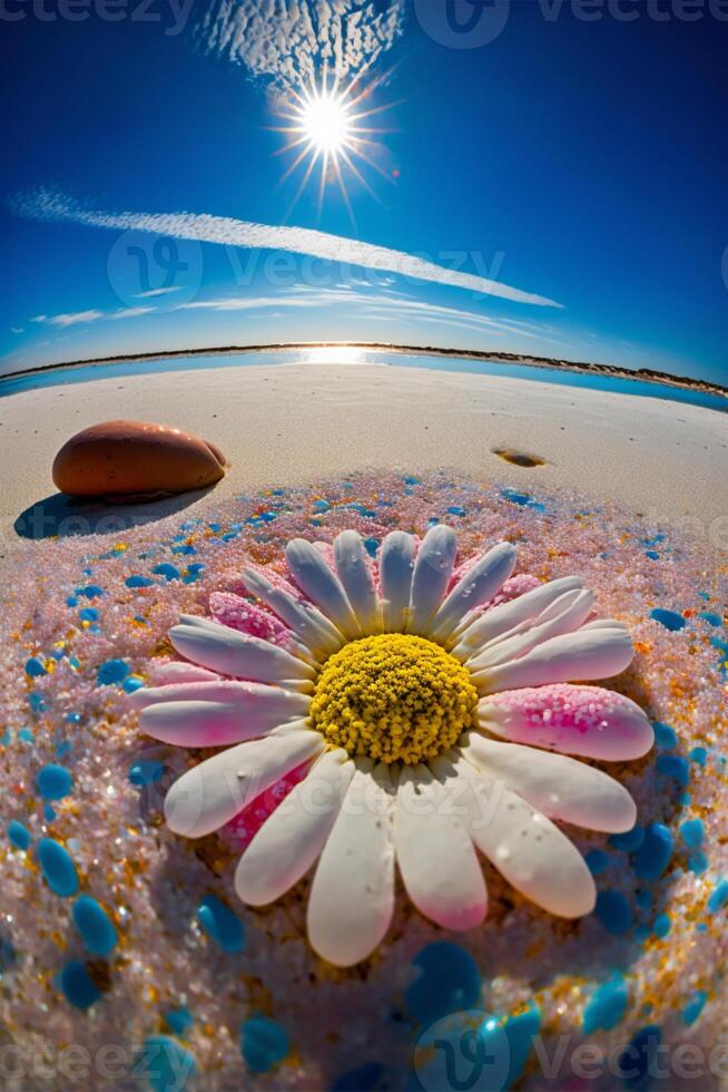 white flower sitting on top of a sandy beach. . photo