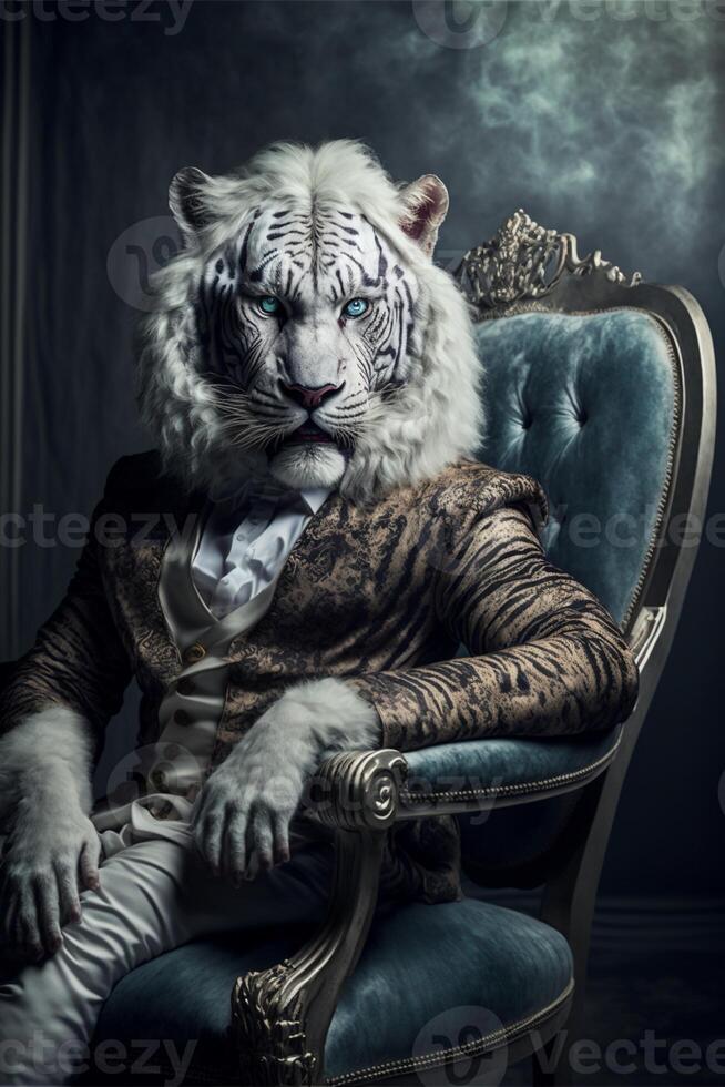 blanco Tigre sentado en parte superior de un azul silla. generativo ai. foto