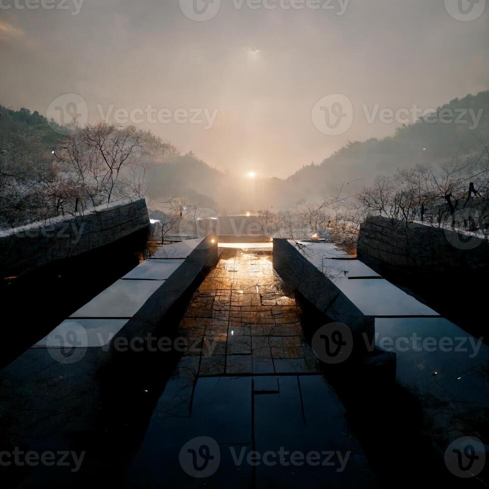 group of benches sitting on top of a stone walkway. . photo