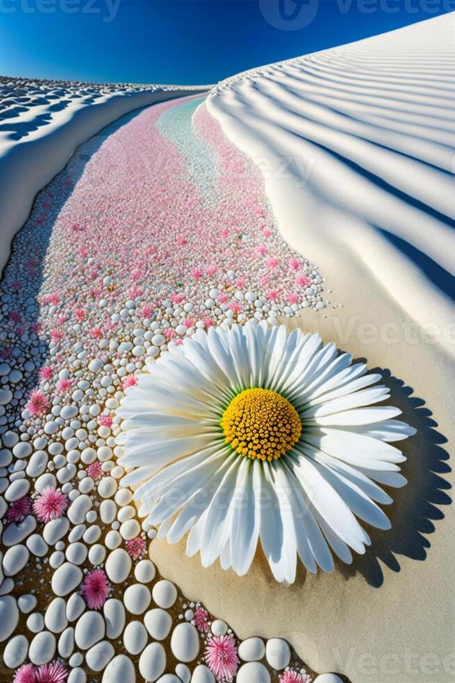 grande blanco flor sentado en parte superior de un arenoso playa. generativo ai foto